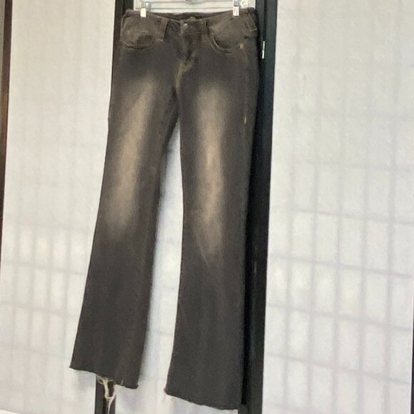 True Religion Becca Big T Bootcut Jeans Black 29 Low Rise Raw Hem Distress Faded - Picture 4 of 13